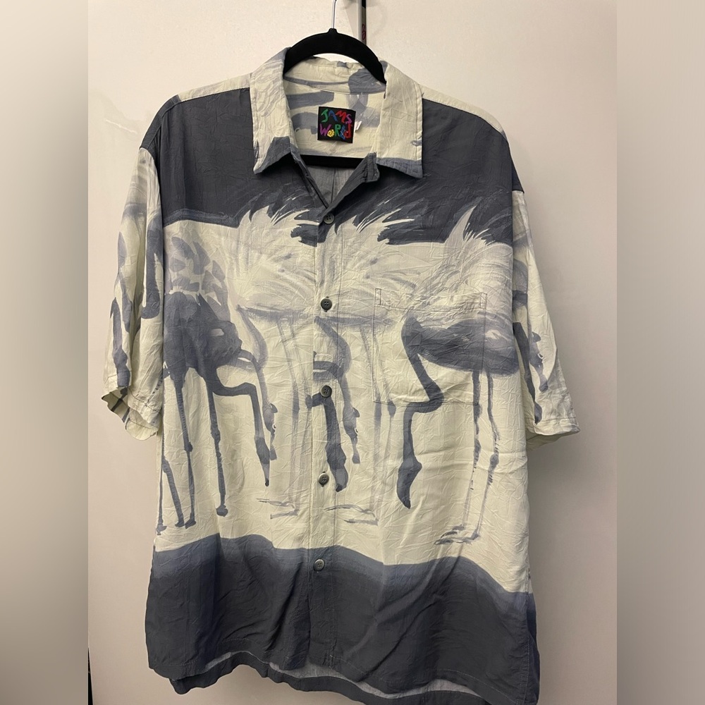 Jams World gray white rayon flamingo aloha shirt Large